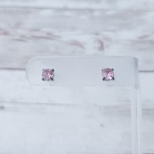 Stud Earrings - Pink Gem - Tarnished Metal